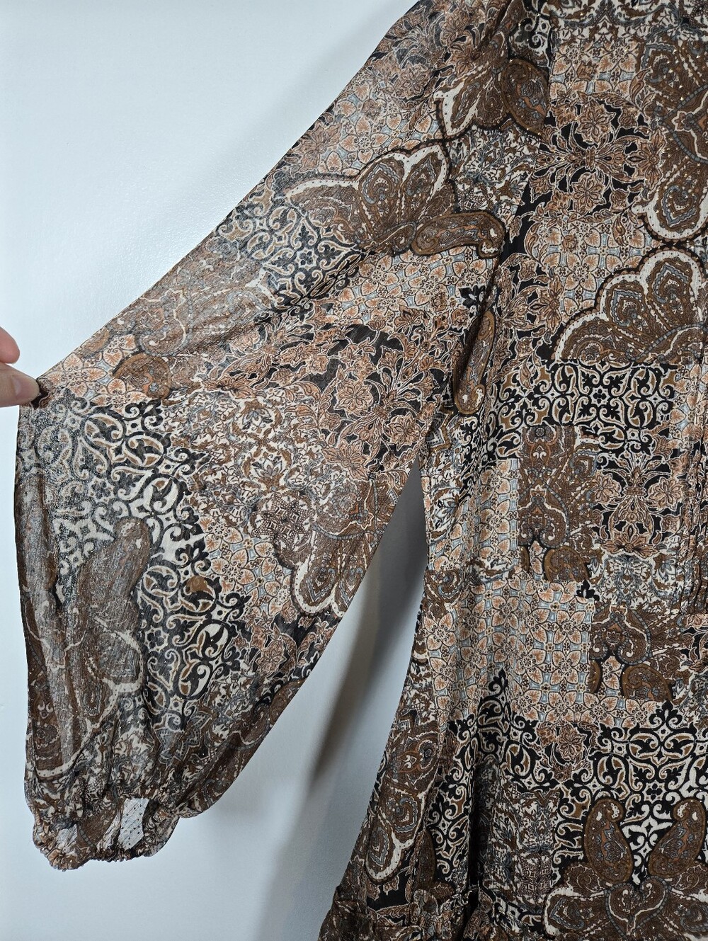 House Of Harlow 1960 Brown Tan Boho Paisley Sparkle Chiffon Peplum Dress Size 10 - Picture 6 of 16
